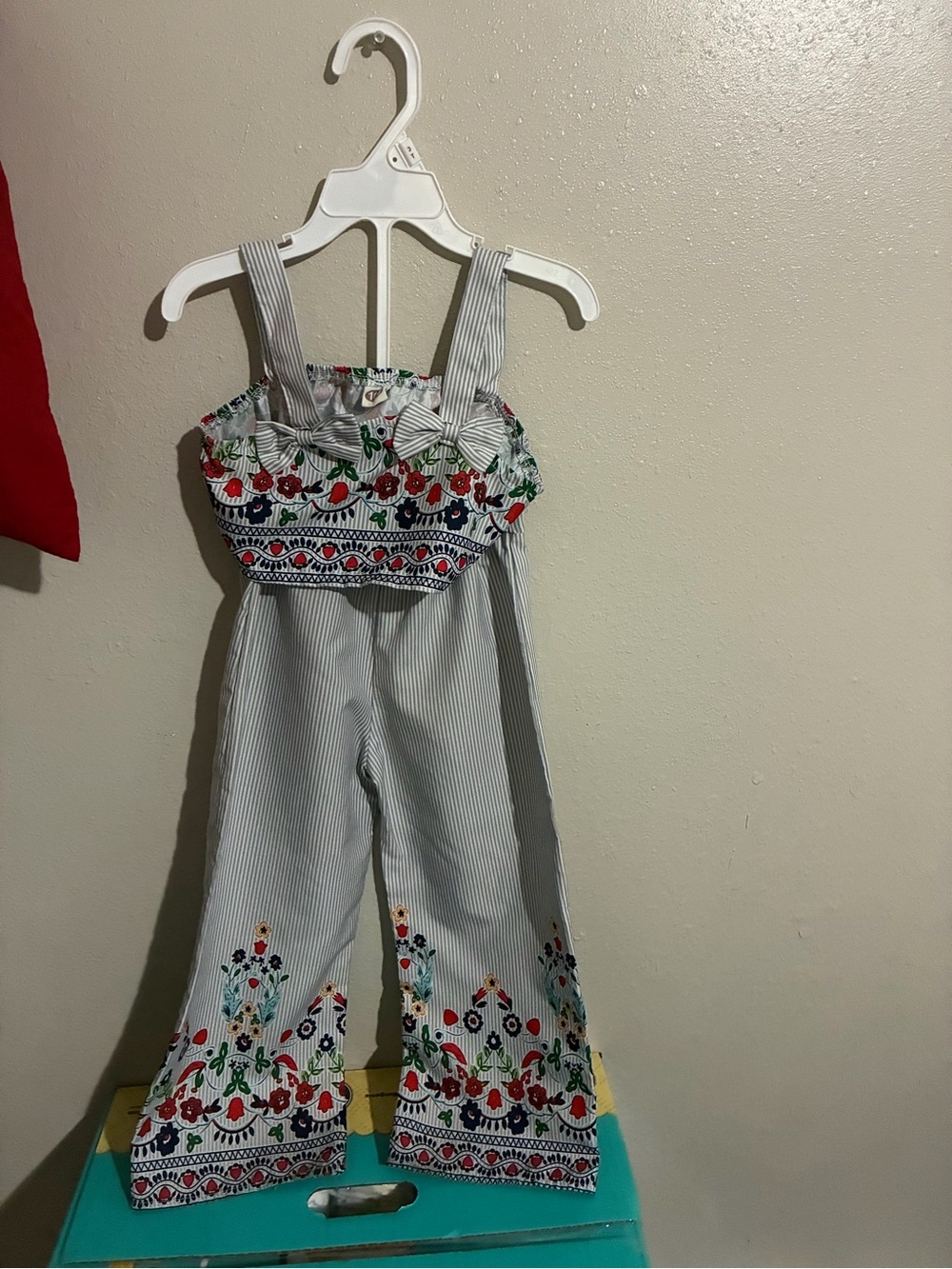 SHEIN Blue & White Striped Floral Embroidered Jumpsuit